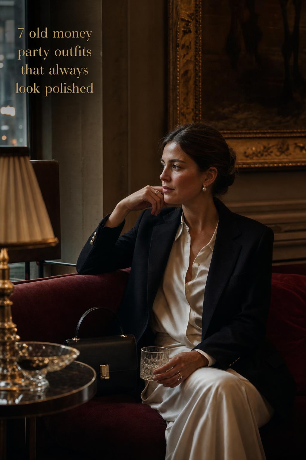 Woman in quiet luxury blazer and silk blouse in a cocktail room, showcasing old money party outfits with pearls and leather bag