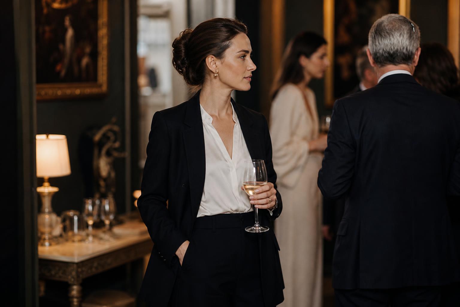 Old money party outfits featuring a tailored blazer, silk blouse, and sleek black heels in a quiet luxury evening look