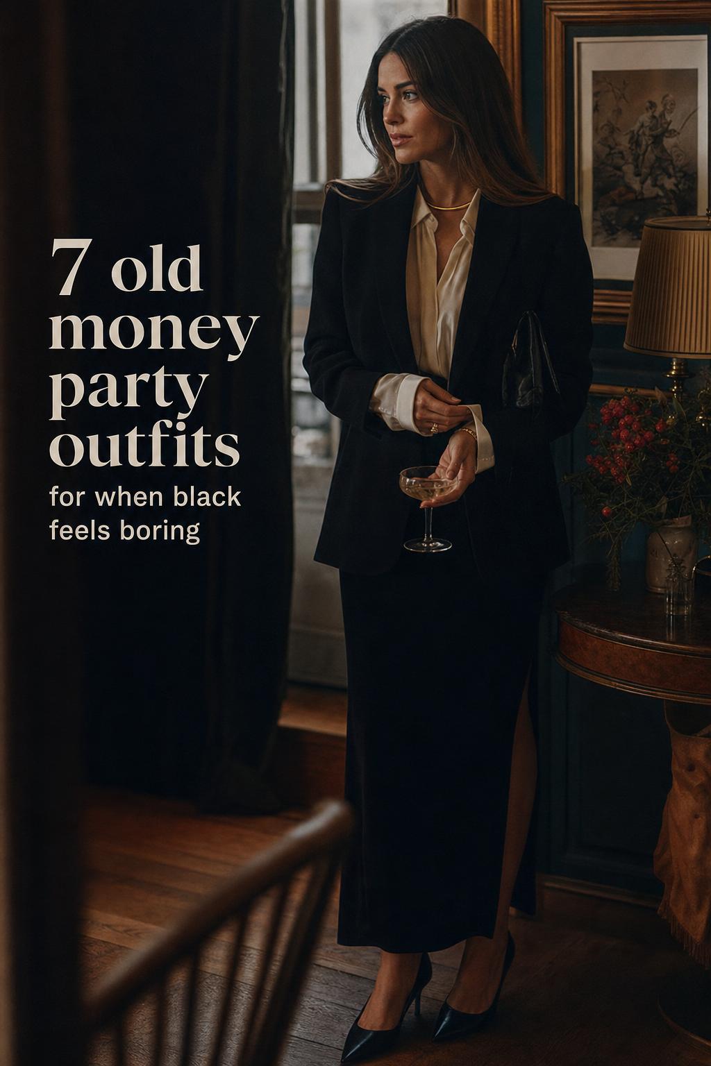 Woman in blazer at a dim townhouse cocktail gathering with text overlay about old money party outfits