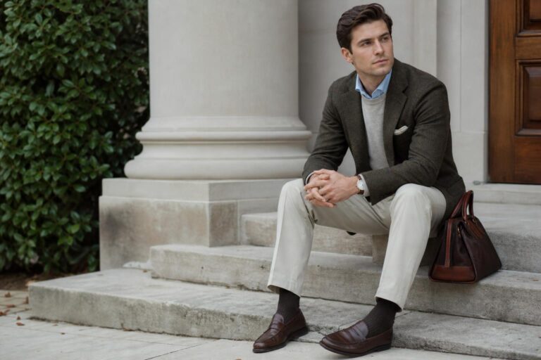Old money shoes in dark brown leather loafers and cap-toe oxfords on a polished wooden floor, close-up detail