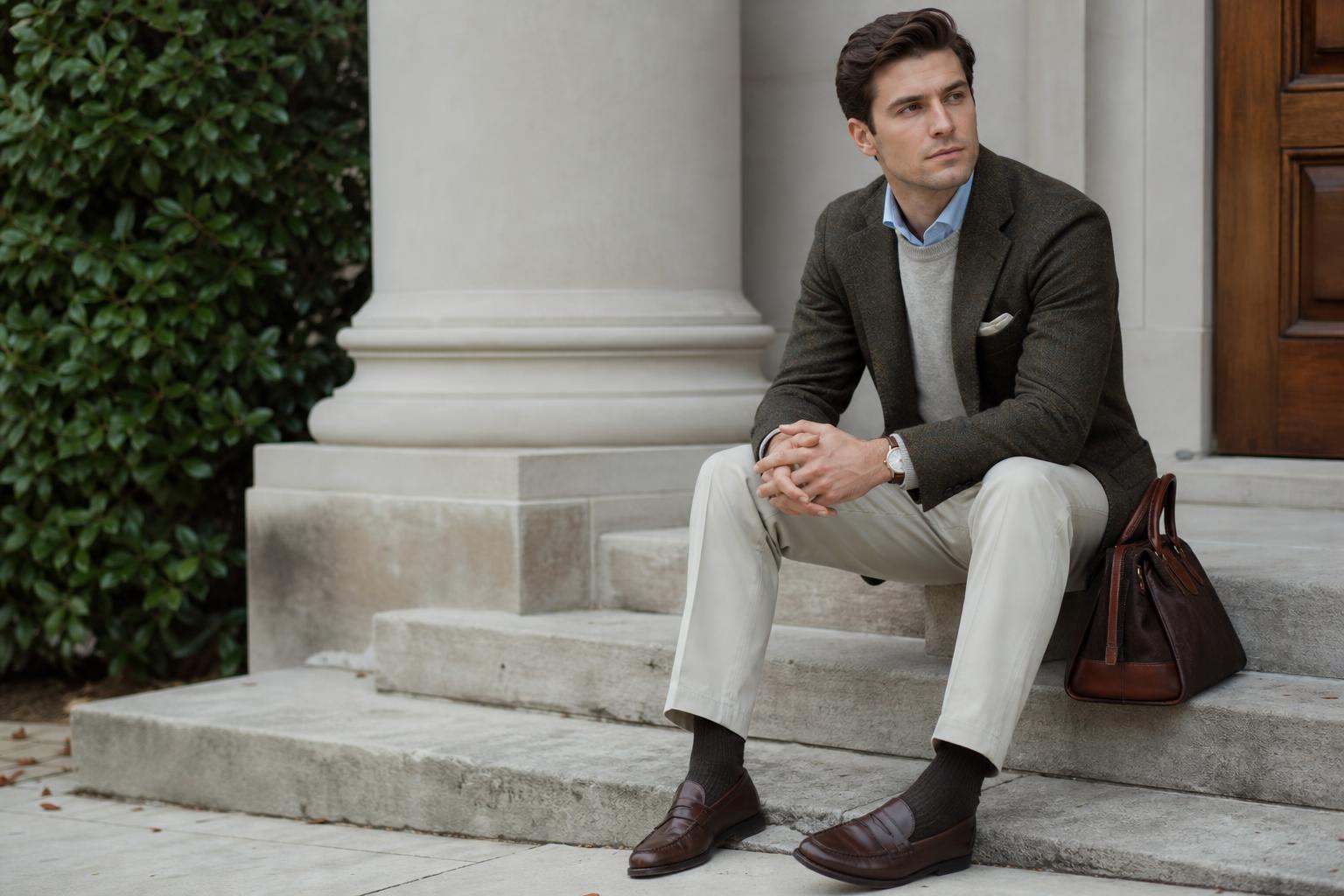 Old money shoes in dark brown leather loafers and cap-toe oxfords on a polished wooden floor, close-up detail