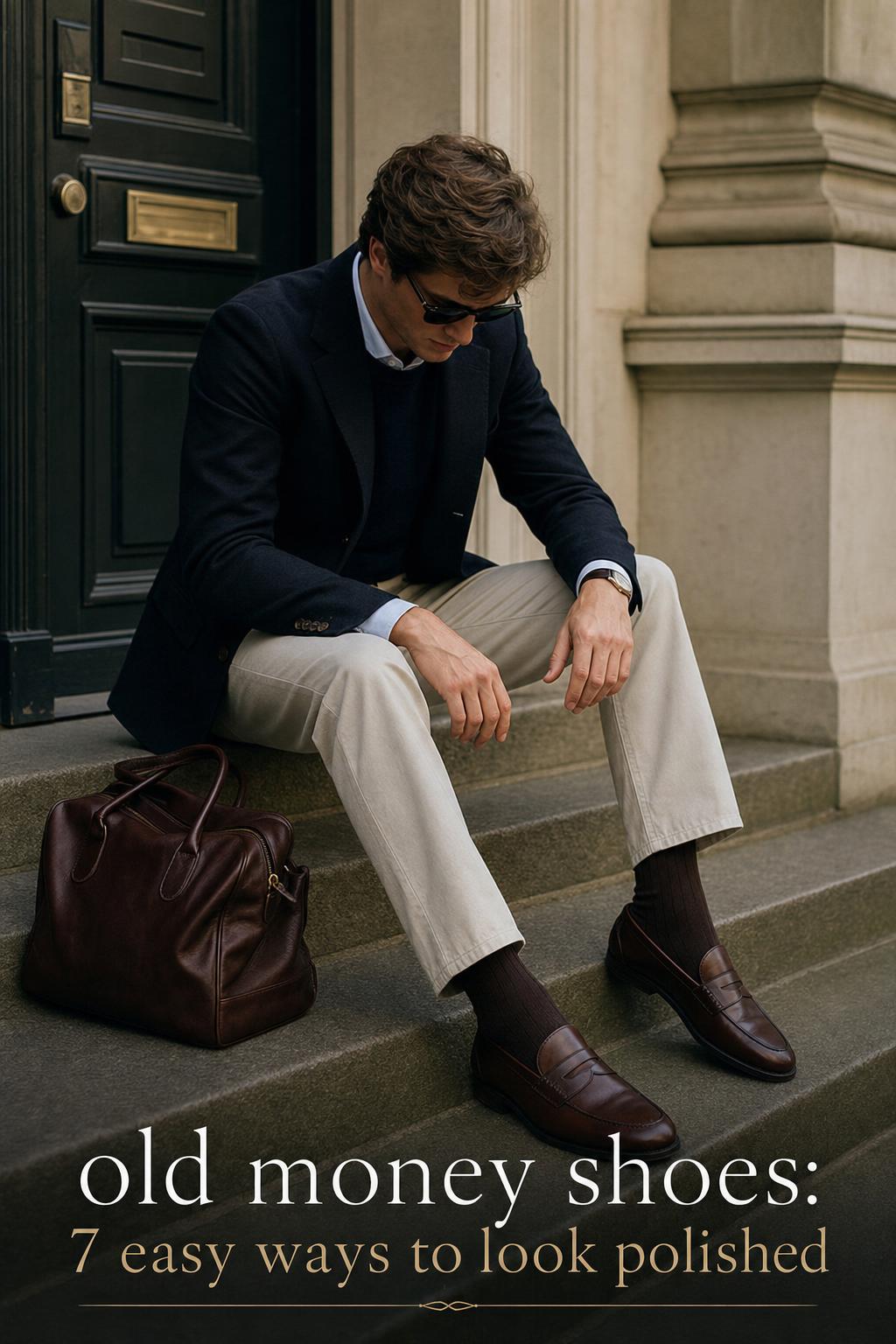 Old money shoes in dark brown leather loafers with tailored trousers, captured candidly in soft daylight editorial style