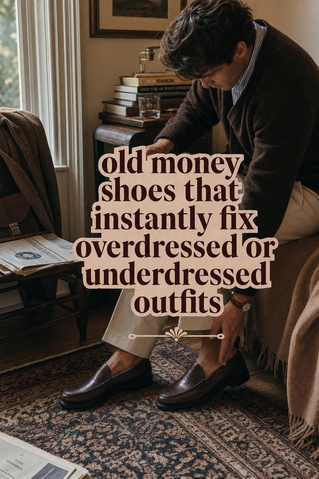 Old money shoes in a cozy townhouse scene, dark brown penny loafers being adjusted by a window in soft morning light