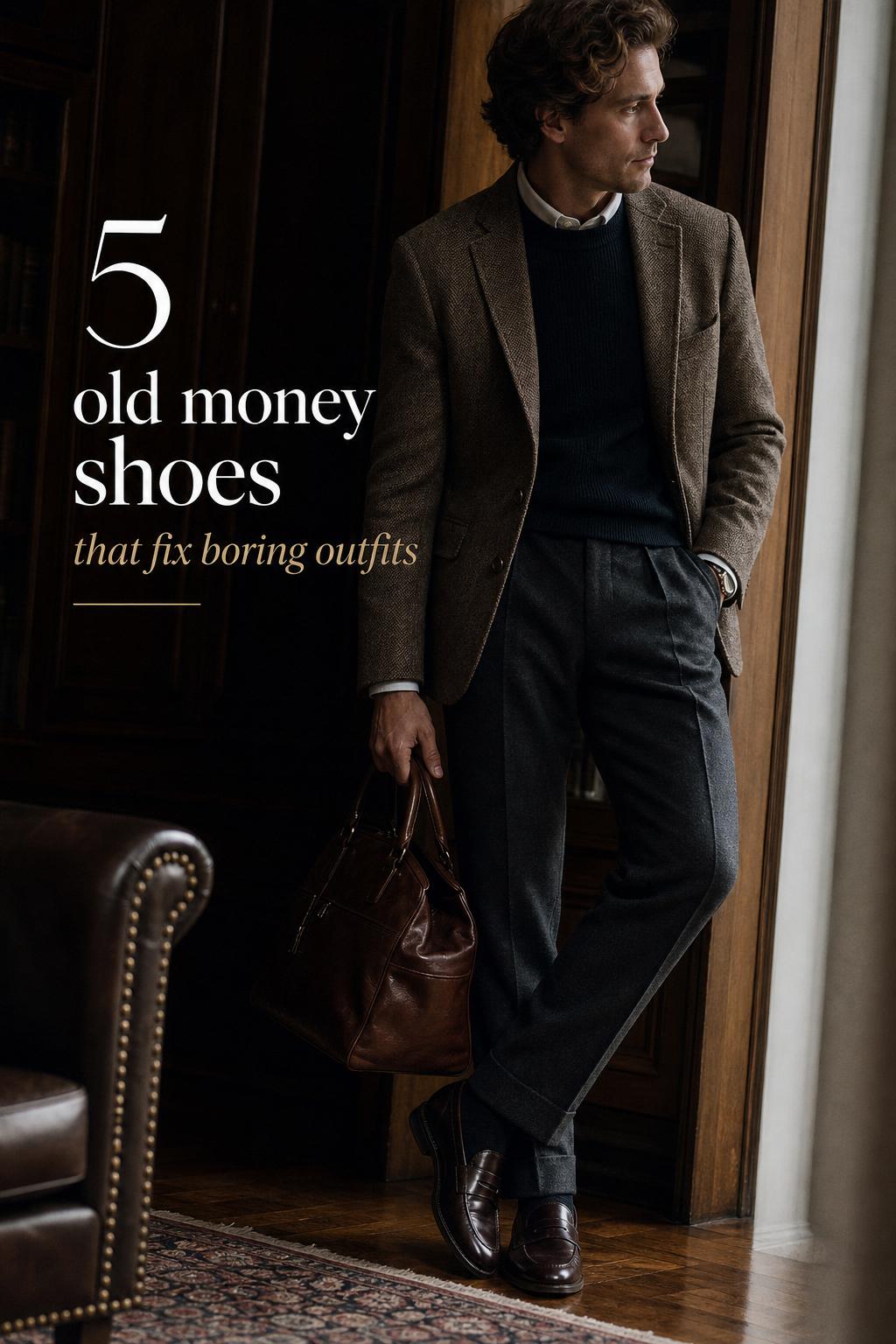 Old money shoes in dark leather loafers stepping through a heritage corridor in soft window light, luxury editorial feel