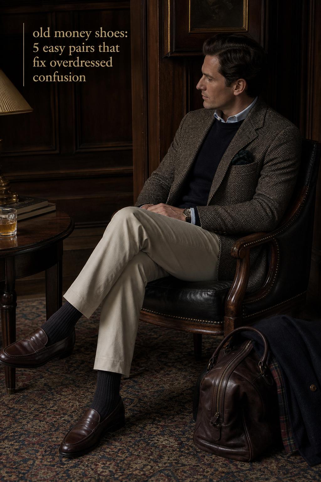 Old money shoes in polished oxblood loafers with tailored trousers on wet European pavement, quiet luxury editorial style.