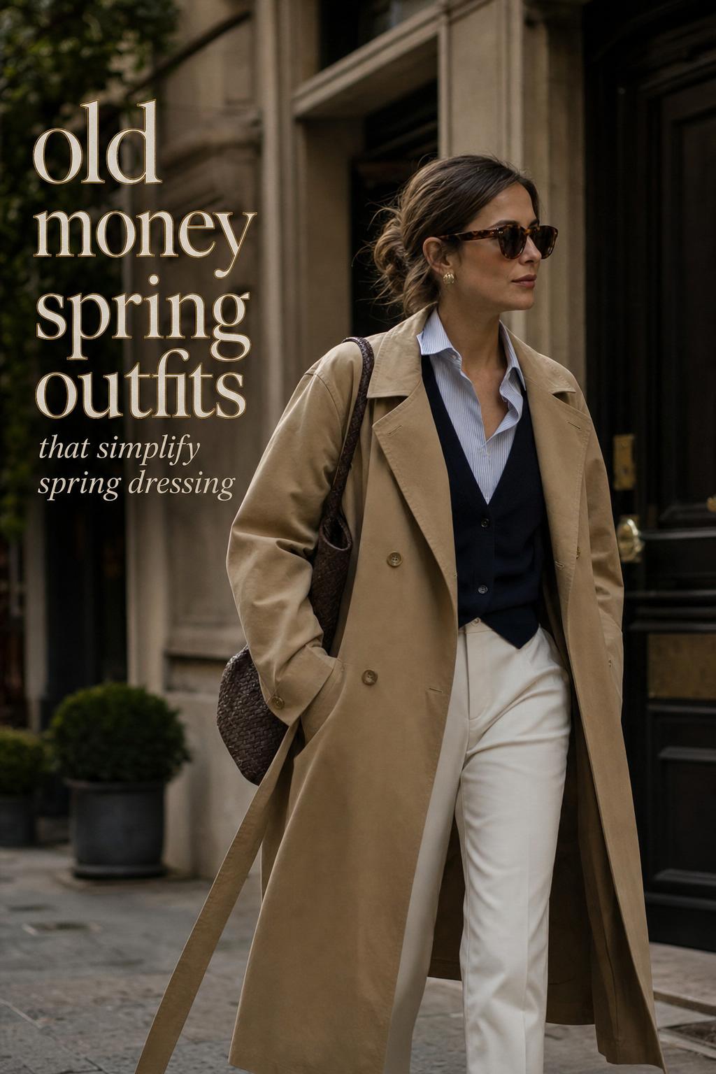 Old money spring outfits on a city sidewalk: navy blazer, cream trousers, loafers, and leather bag in soft spring light