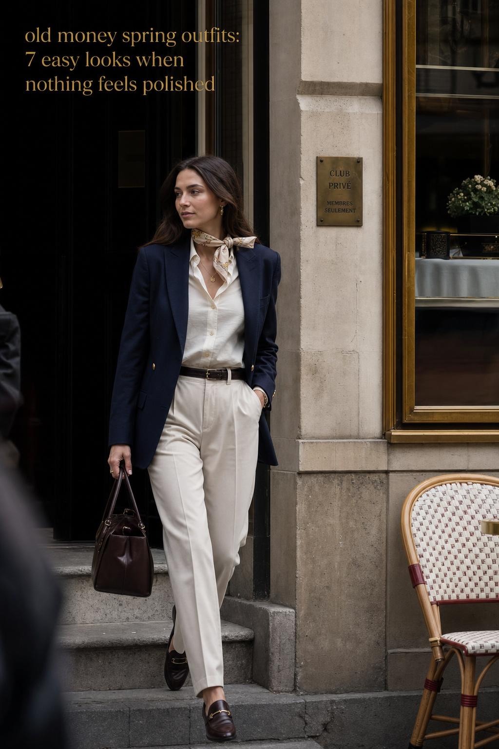Woman in navy blazer and cream trousers walking past a townhouse cafe in old money spring outfits, candid city style