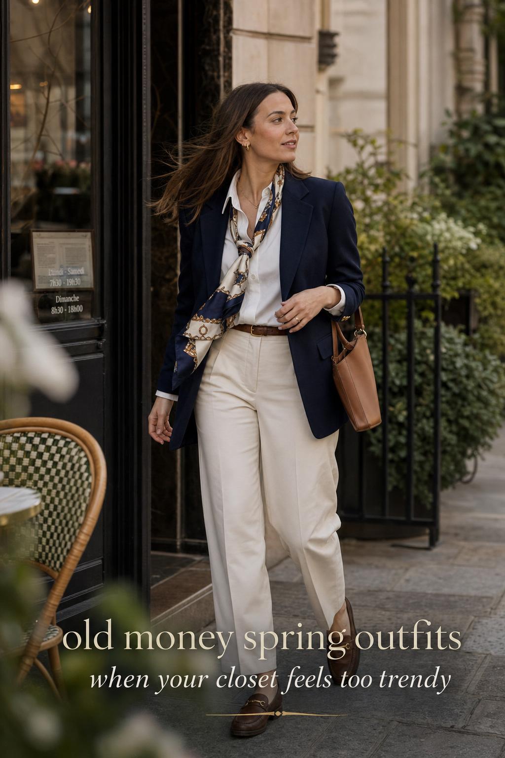 Old money spring outfits look on a woman in navy blazer and cream trousers outside an elegant city café in soft daylight