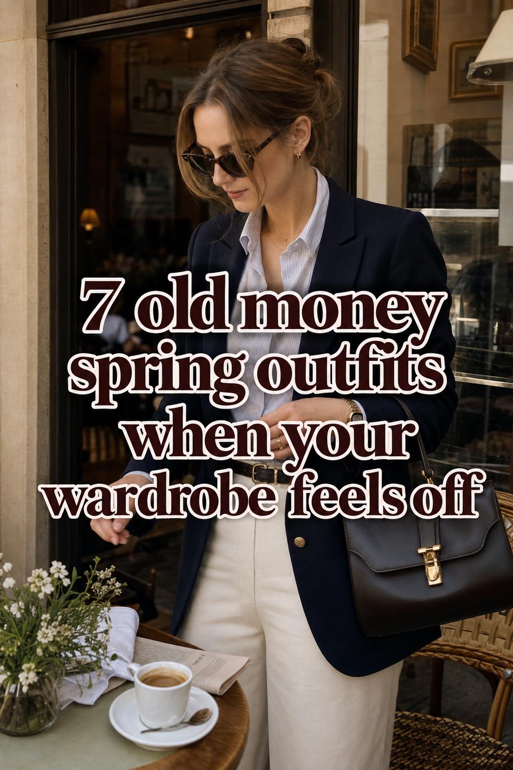Woman in trench and navy blazer at cafe table with warm spring light, old money spring outfits text overlay