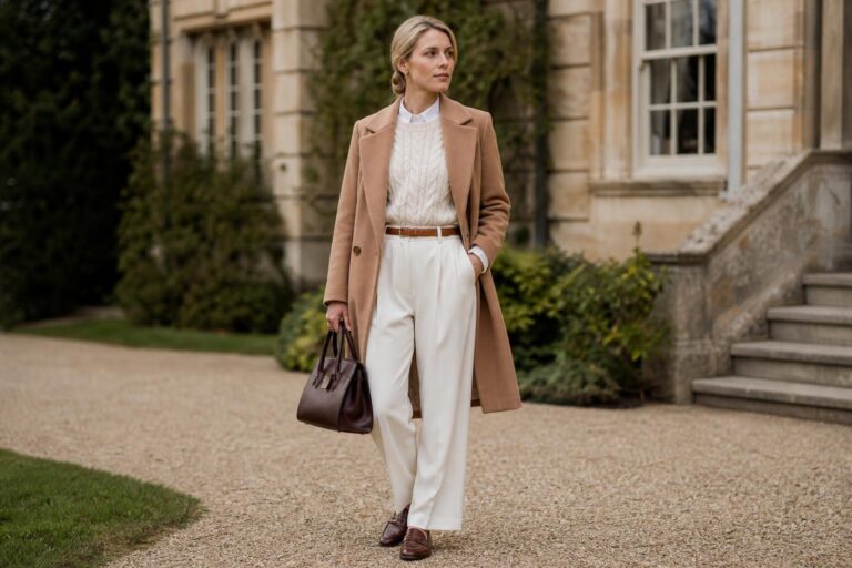 Old money style outfits with a navy blazer, white shirt, tailored trousers and loafers in a polished neutral wardrobe