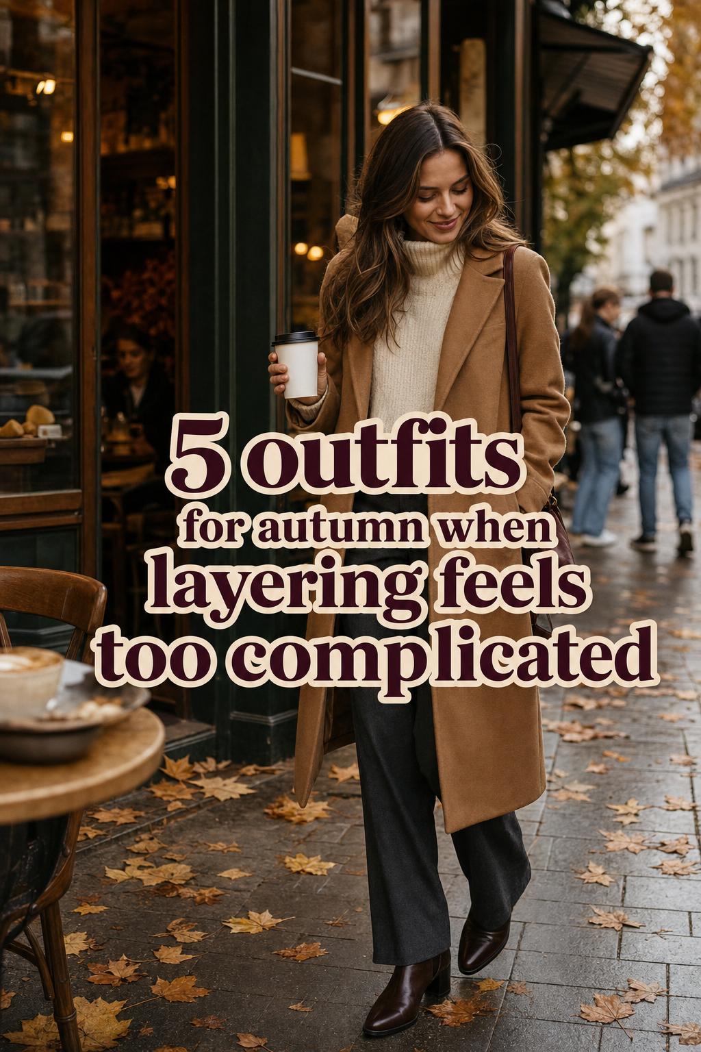 Outfits for autumn: woman in camel coat layering by a cozy city café with fallen leaves and warm window light