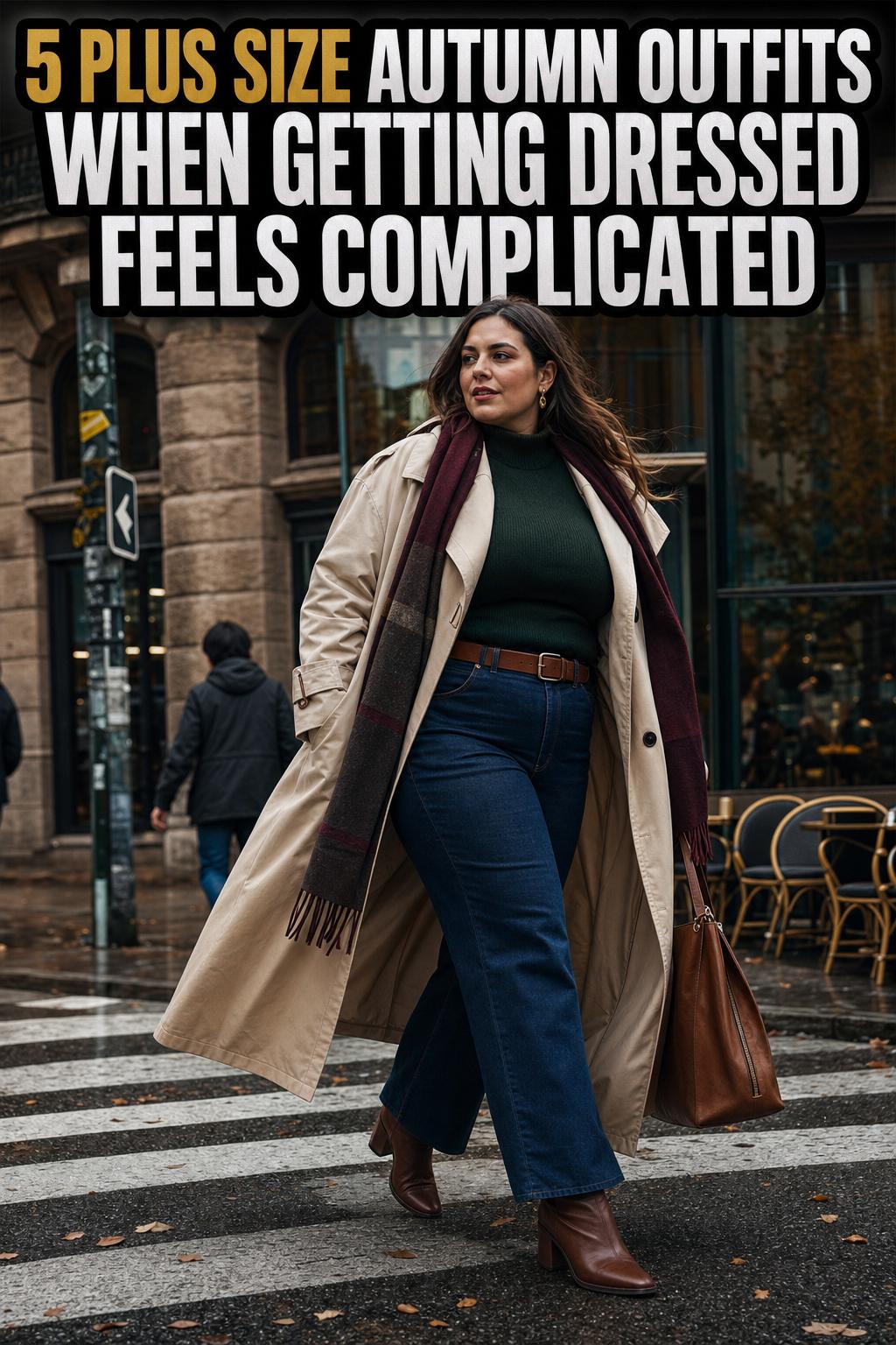 Plus size autumn outfits styled with a cozy sweater, plaid skirt and ankle boots in a warm fall street photo