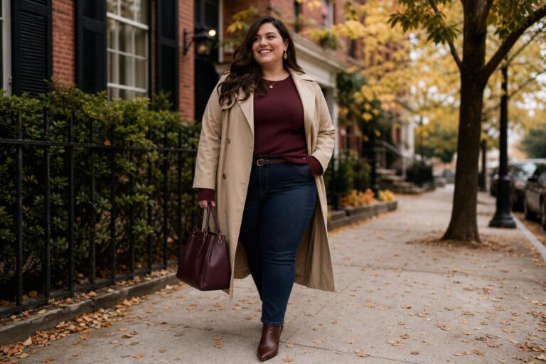 Plus size autumn outfits with a trench coat, knit dress, and ankle boots on a city street in warm fall light