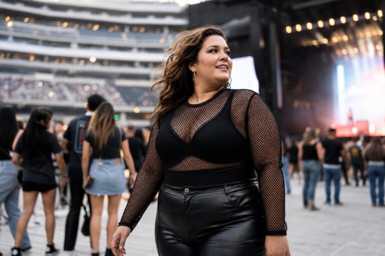 Plus size concert outfit with band tee, faux leather leggings, moto jacket, and ankle boots in a packed indoor venue