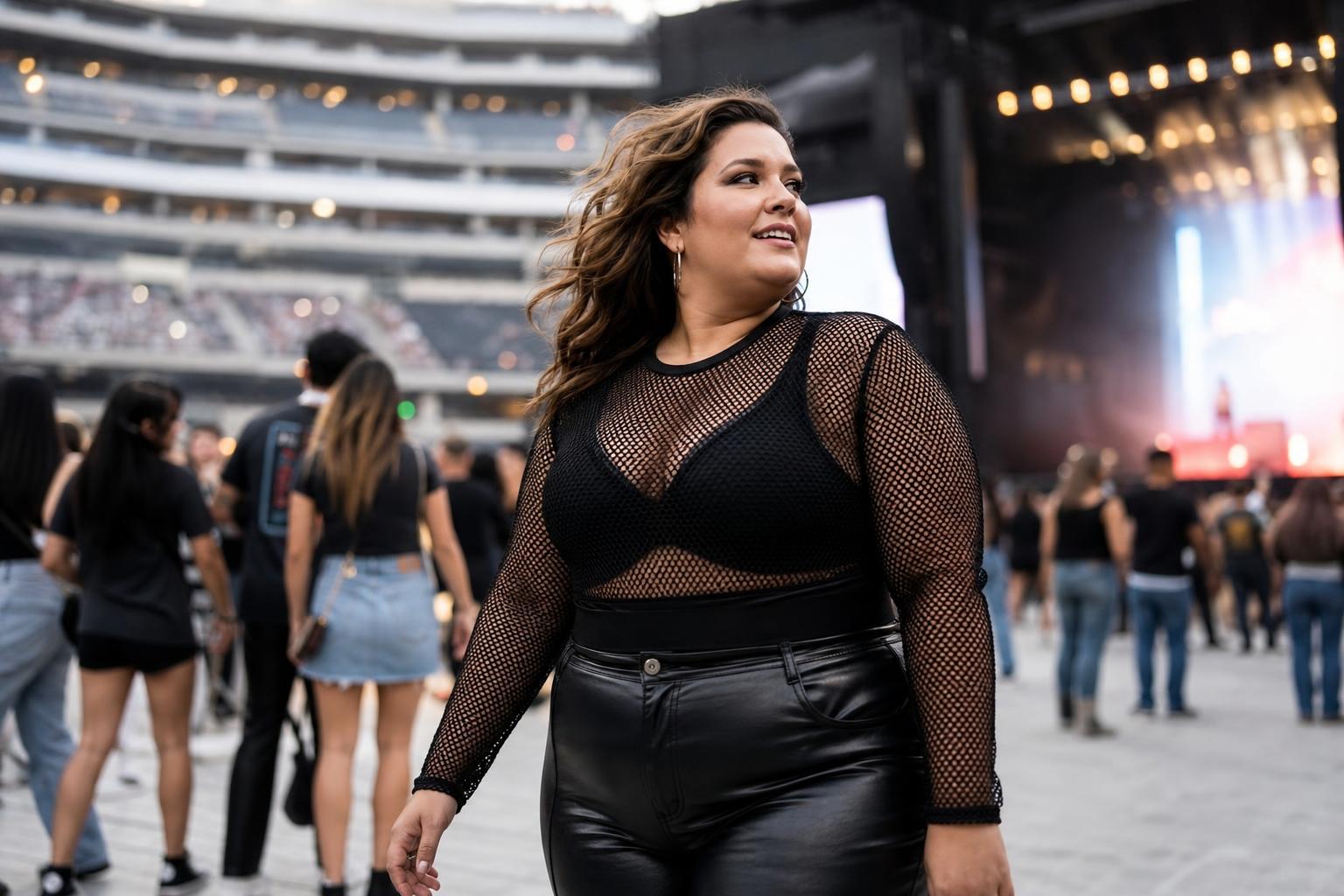 Plus size concert outfit with band tee, faux leather leggings, moto jacket, and ankle boots in a packed indoor venue