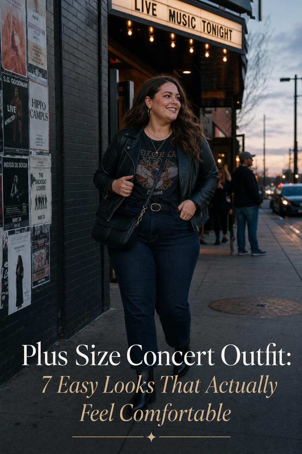Plus size concert outfit idea with a woman in dark denim and moto jacket outside a live music venue at blue hour