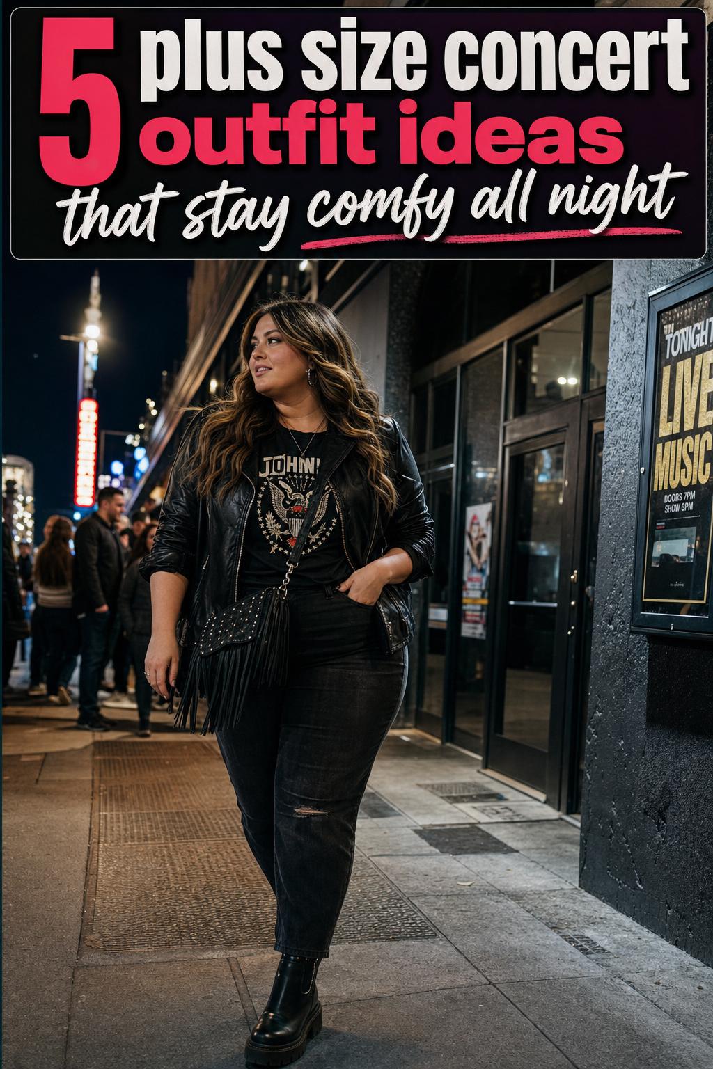 Plus size concert outfit featuring a chic black jacket, graphic tee and statement accessories in a lively music venue.