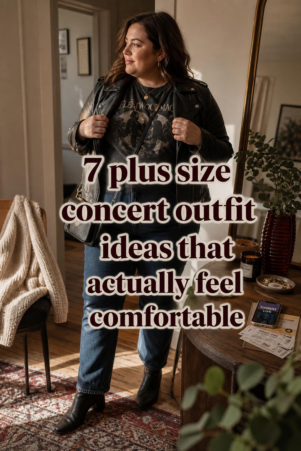 Plus size concert outfit featuring a woman in a black moto jacket, band tee, dark denim and boots in a cozy entryway