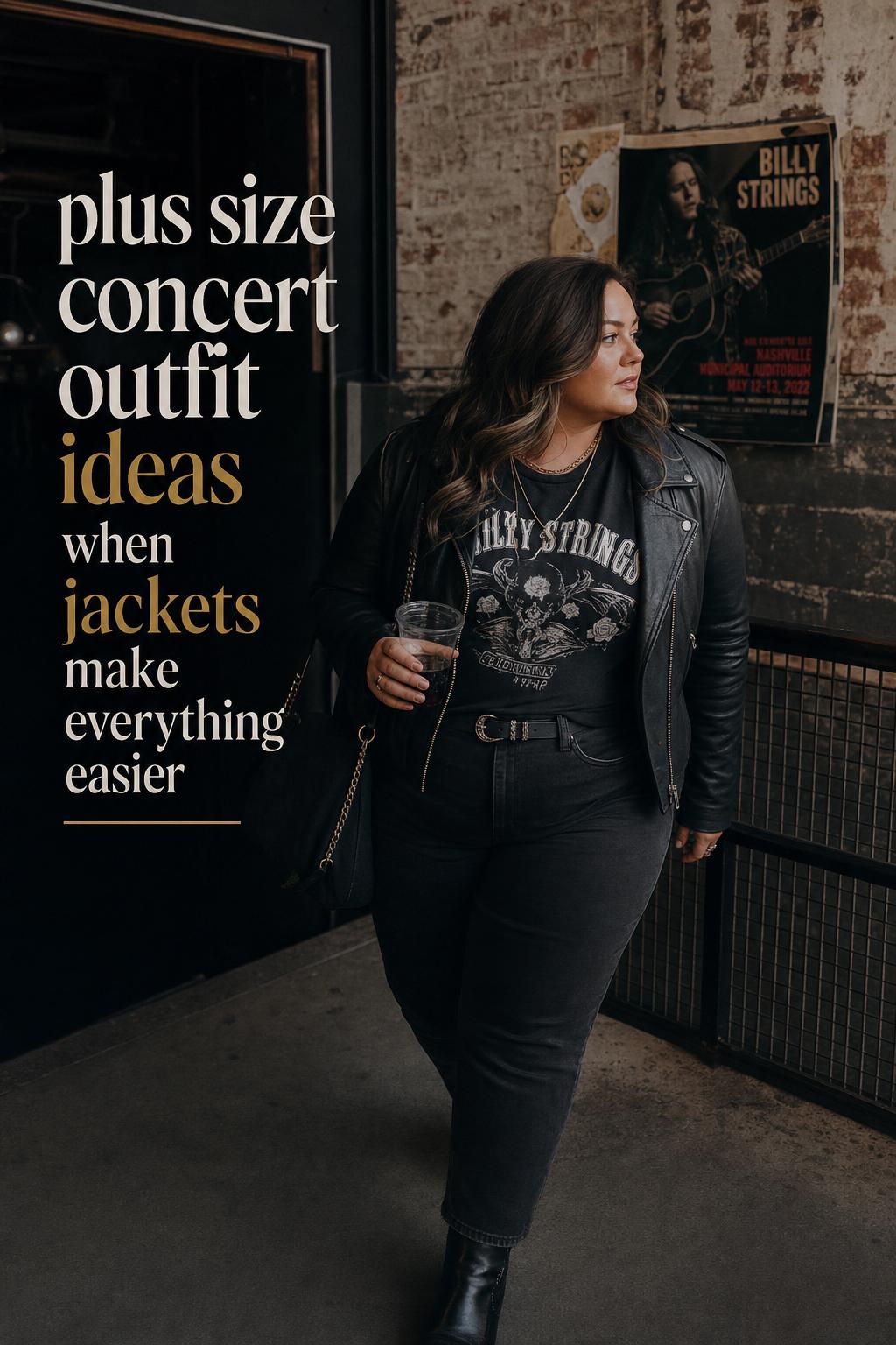 Plus size concert outfit with leather-look pants, band tee, moto jacket, and ankle boots in a moody venue hallway
