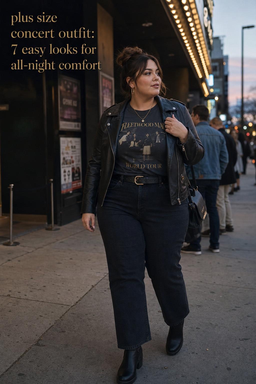 Plus size concert outfit idea: woman in black jeans, band tee, and moto jacket outside a music venue at dusk