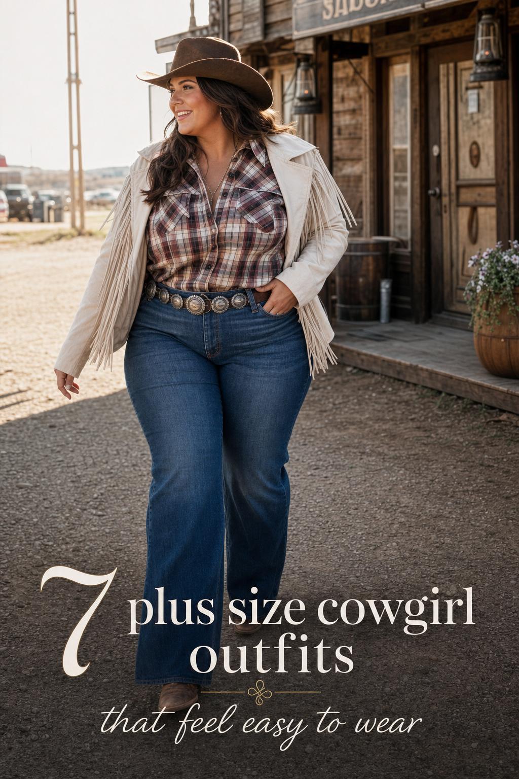 Plus size cowgirl outfits style guide: confident woman in bootcut jeans, western shirt and boots walking a dusty rodeo street