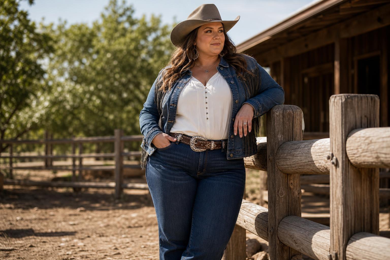 Plus size cowgirl outfits with dark bootcut jeans, plaid western shirt, concho belt, and cowboy boots at a rodeo