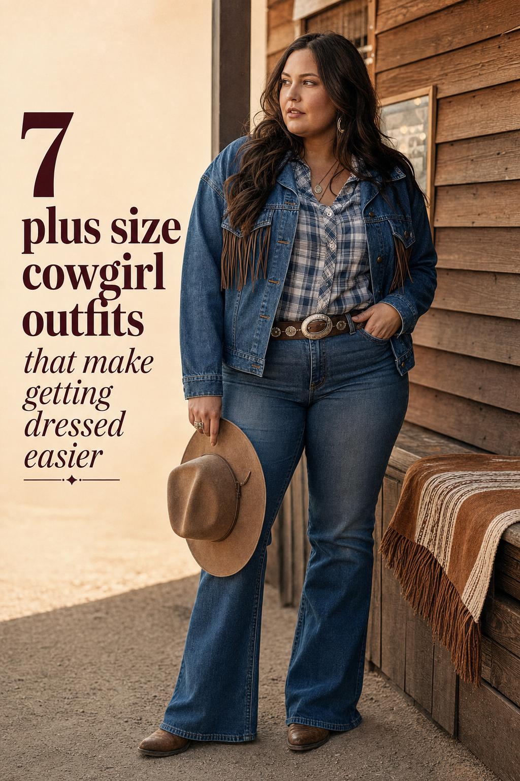Plus size cowgirl outfits editorial photo of a woman in bootcut jeans, plaid shirt, concho belt and cowboy boots at golden hour