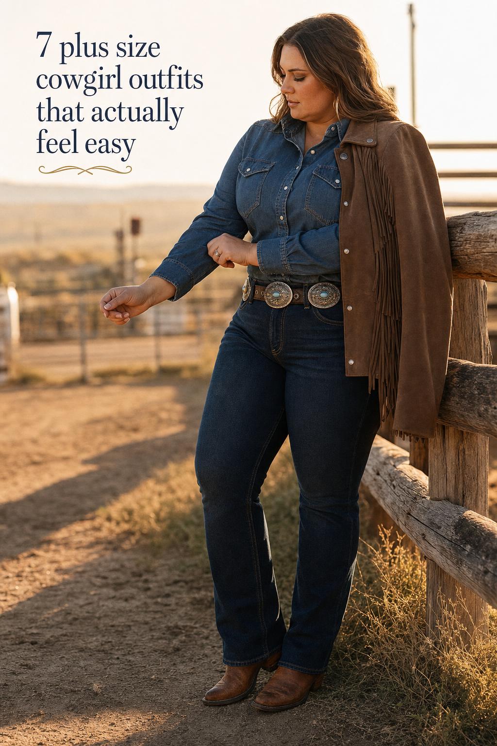Plus size cowgirl outfits editorial photo of a woman adjusting a denim western shirt by a fence at golden hour