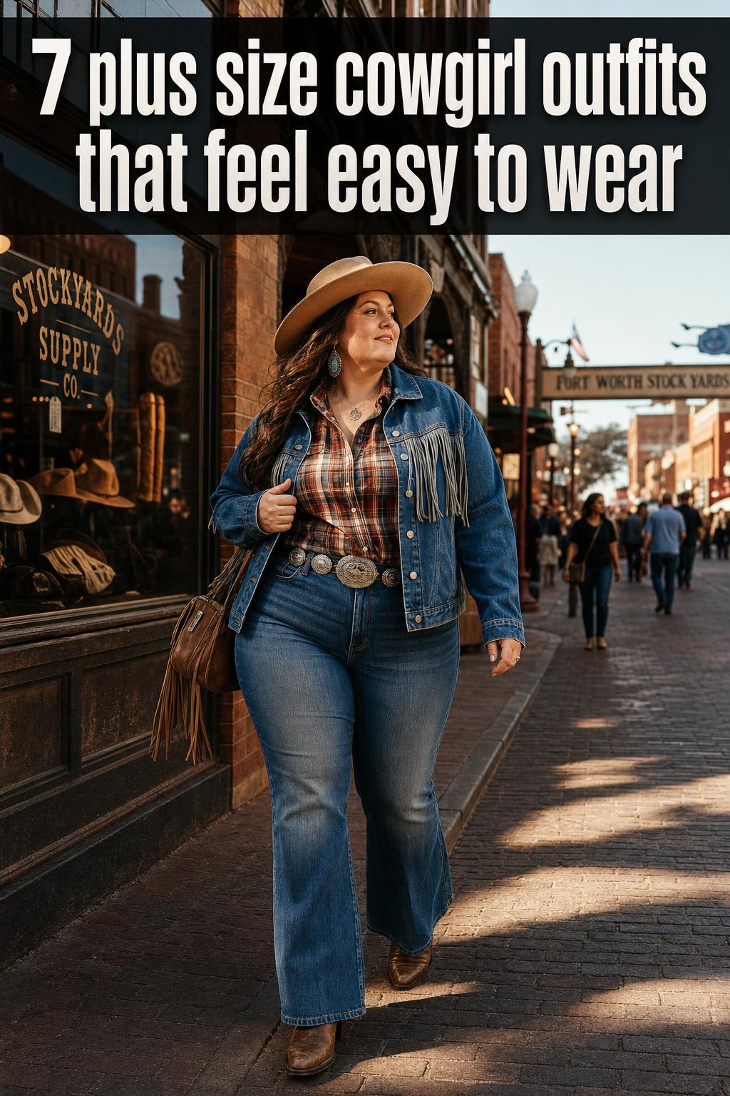 Plus size cowgirl outfits featuring a confident woman in denim, boots, and a western hat in a rustic ranch setting.