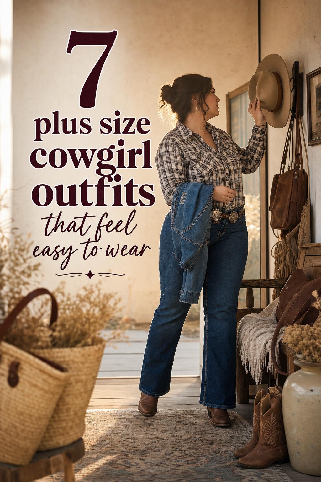 Plus size cowgirl outfits style guide with woman in bootcut jeans, plaid shirt and cowboy boots in a warm ranch entryway