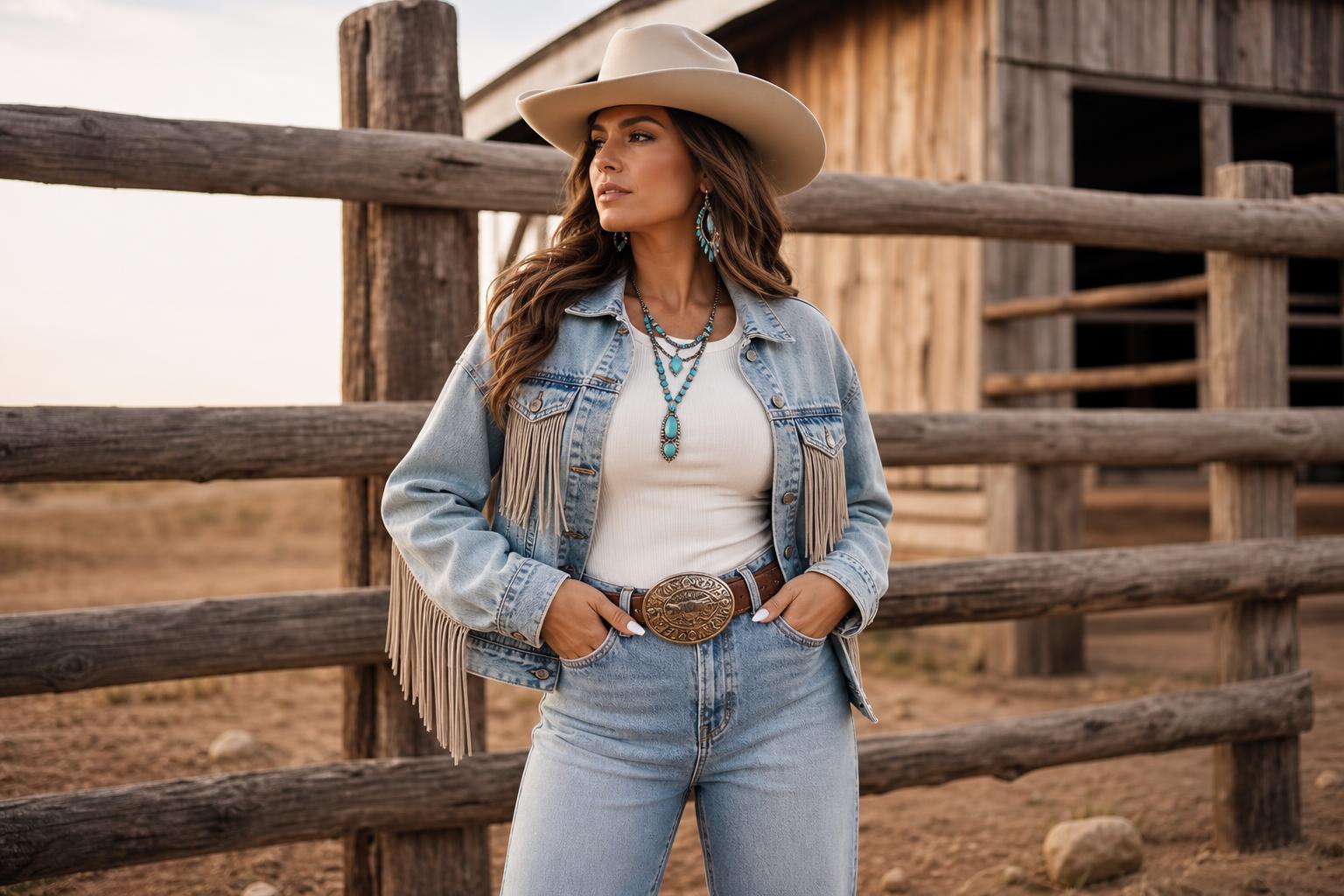 Polished baddie cowgirl outfits with black crop top, high-waisted jeans, cowboy boots, and statement belt outdoors