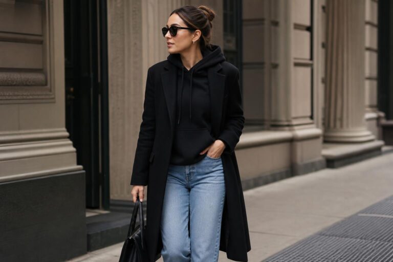 Polished black hoodie outfits with tailored trousers, long coat, and clean sneakers for a sleek everyday look
