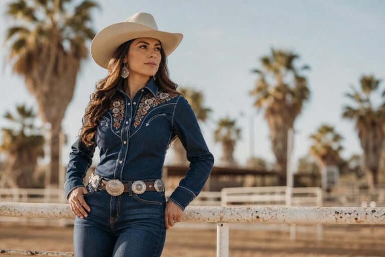 Polished mexican cowgirl outfits with embroidered blouse, straight denim jeans, neutral cowboy boots, and a concho belt outdoors