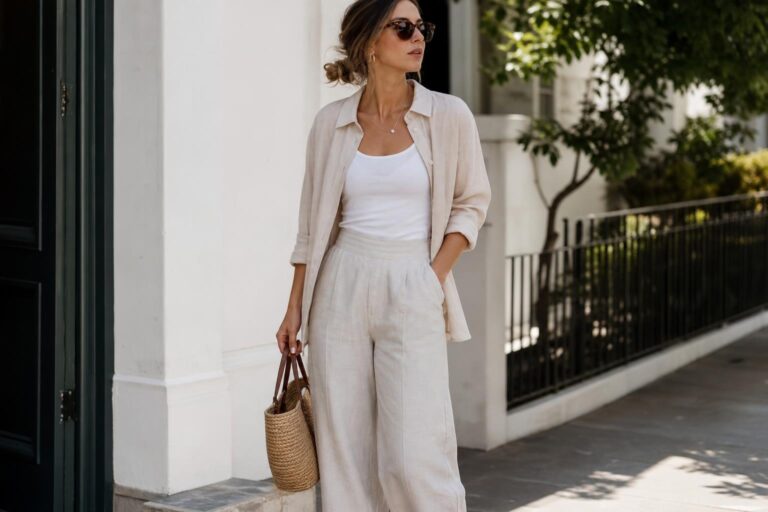 Polished linen pants outfits with wide-leg beige trousers, fitted tank, and open white shirt for spring