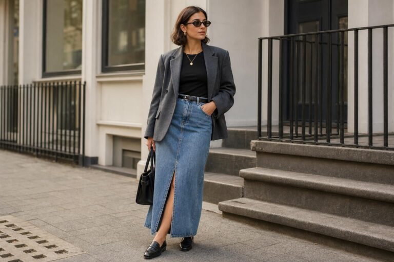 Long denim skirt outfits with a crisp white shirt, tailored blazer, and loafers for a polished spring look