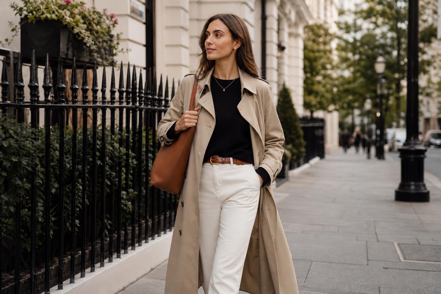Polished trench coat outfits with a beige belted trench over tailored city basics on a spring street