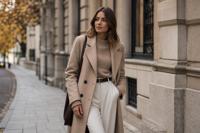 Quiet luxury outfits for autumn with camel trench coat, cashmere knit, tailored trousers, and leather ankle boots