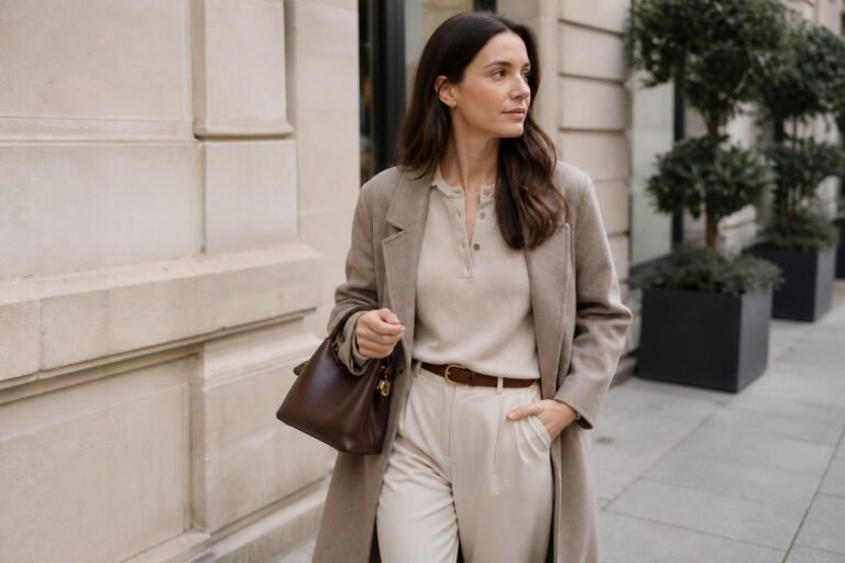 Quiet luxury style outfit with camel coat, cream knit, and tailored trousers for a polished everyday wardrobe