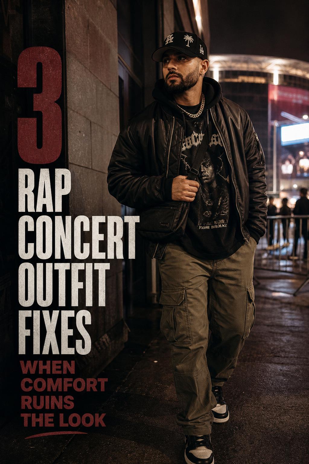Rap concert outfit with bomber jacket, hoodie, cargo pants and sneakers outside a venue at night with text overlay