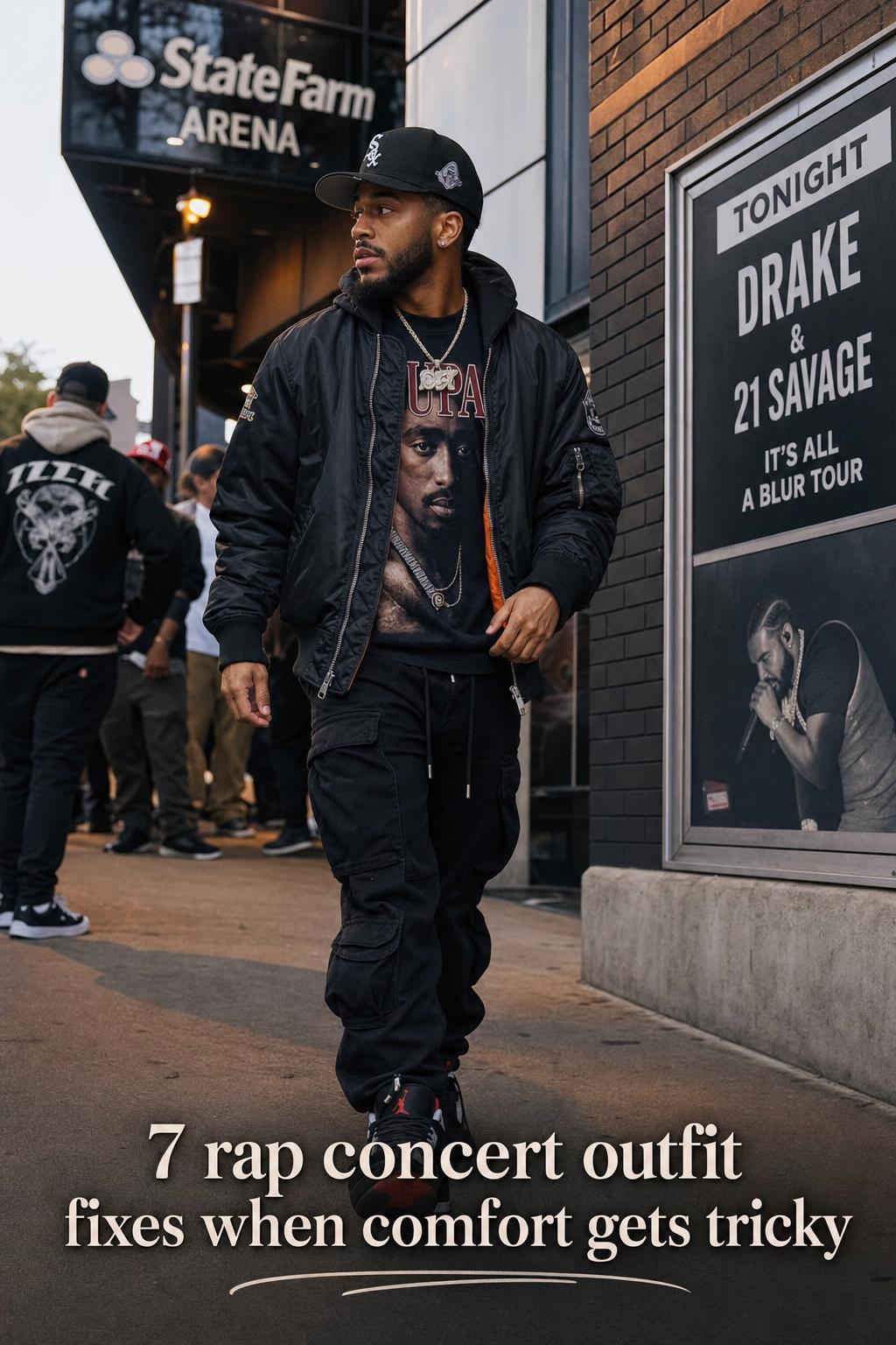Adult street style rap concert outfit with bomber jacket, graphic tee, cargo pants and sneakers outside arena entrance