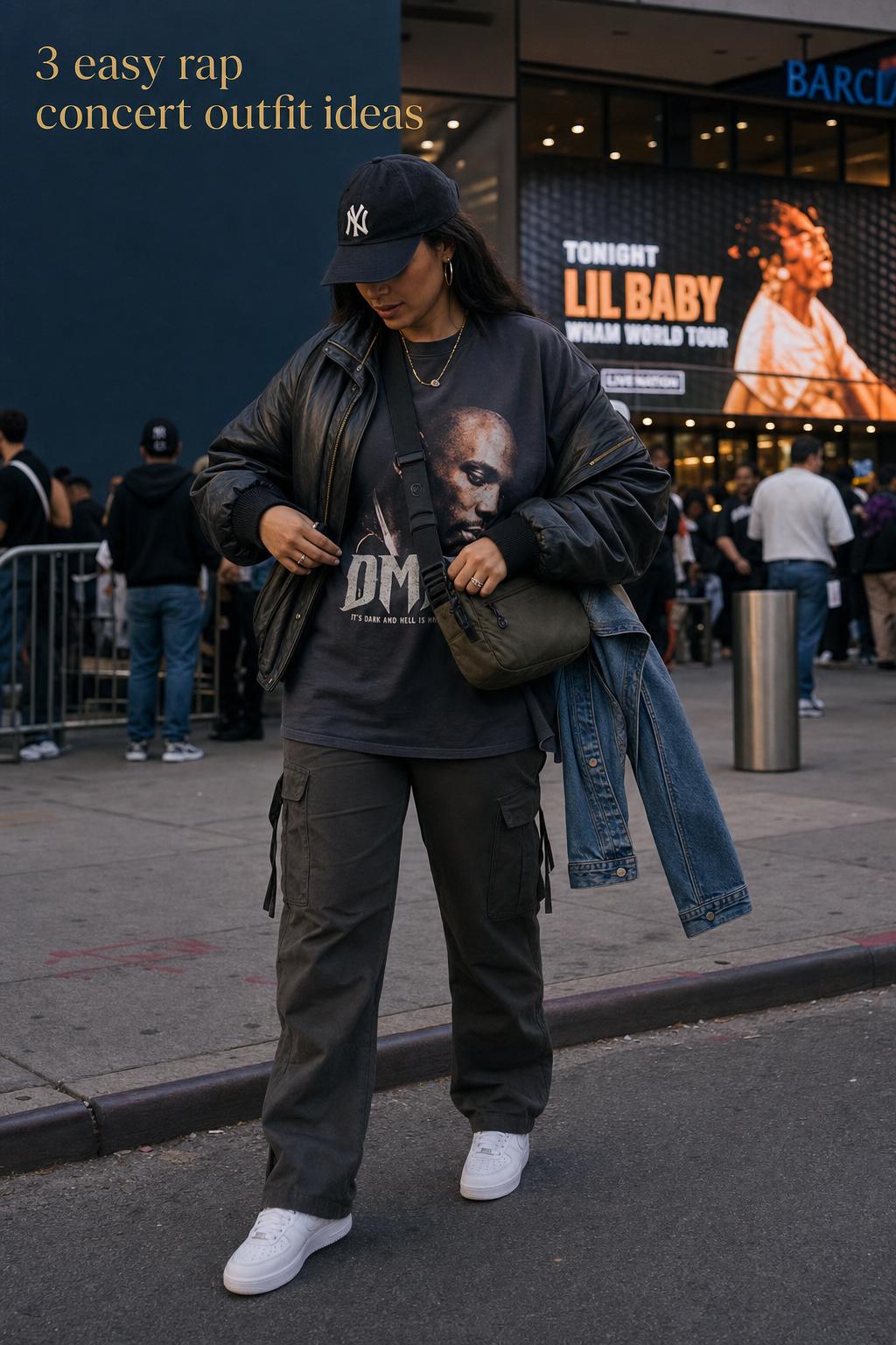 Rap concert outfit with an adult woman in a street-style jacket, cargo pants, sneakers, and cap outside a busy arena at dusk