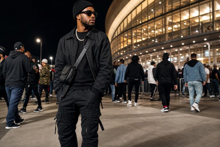 Rap concert outfit with streetwear edge: leather jacket, cargo pants, and sneakers in a city night setting