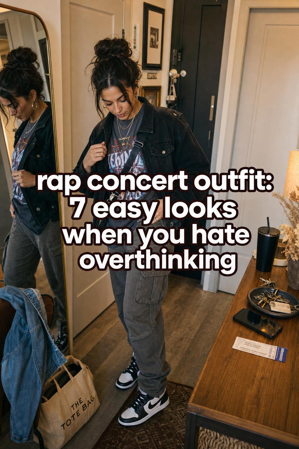 Rap concert outfit inspo: woman adjusting layered street-style look in warm apartment entryway before a night out