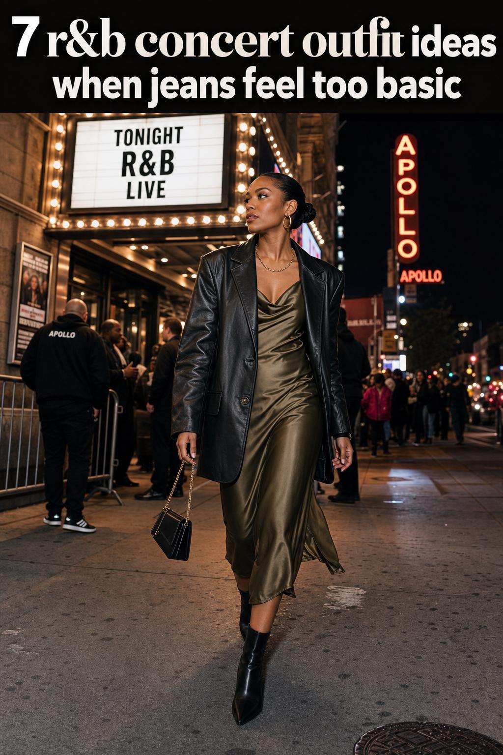 R&B concert outfit ideas featuring a stylish leather jacket, crop top, and high-waisted jeans under stage lights
