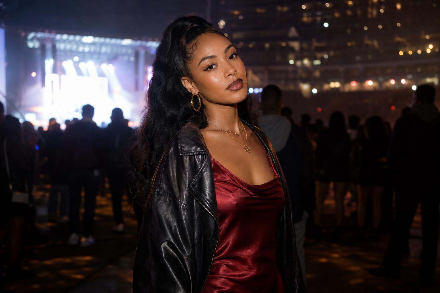 R&B concert outfit ideas with satin slip dress, leather jacket, and ankle boots in a stylish night out look