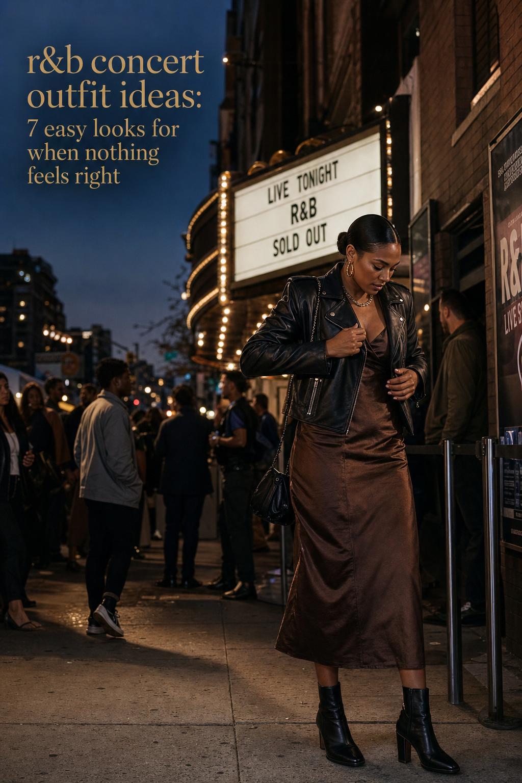 R&B concert outfit ideas with an adult woman in satin slip dress and leather jacket outside a venue at dusk