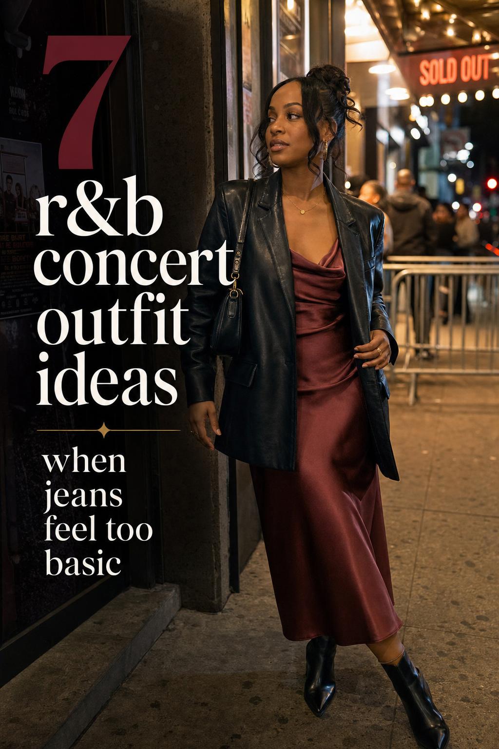 r&b concert outfit ideas with satin slip dress and leather jacket outside a city venue at night, editorial street-style photo