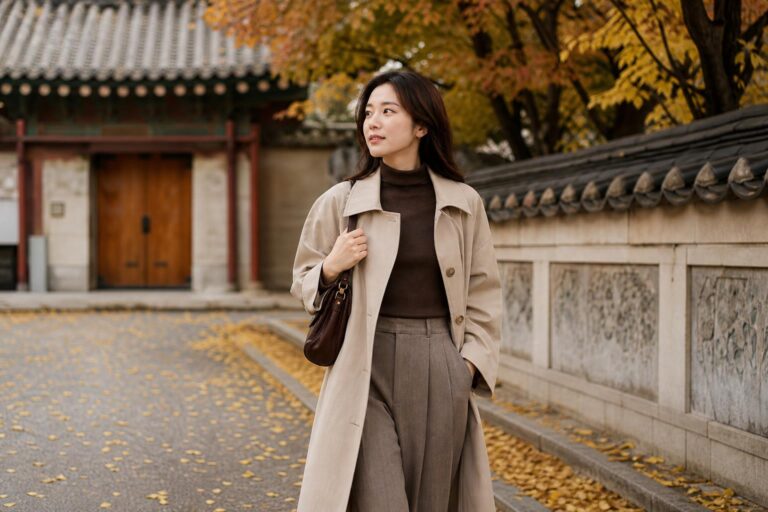 Refined autumn outfits in Korea with layered trench coat, knit sweater, wide-leg trousers, and ankle boots in Seoul