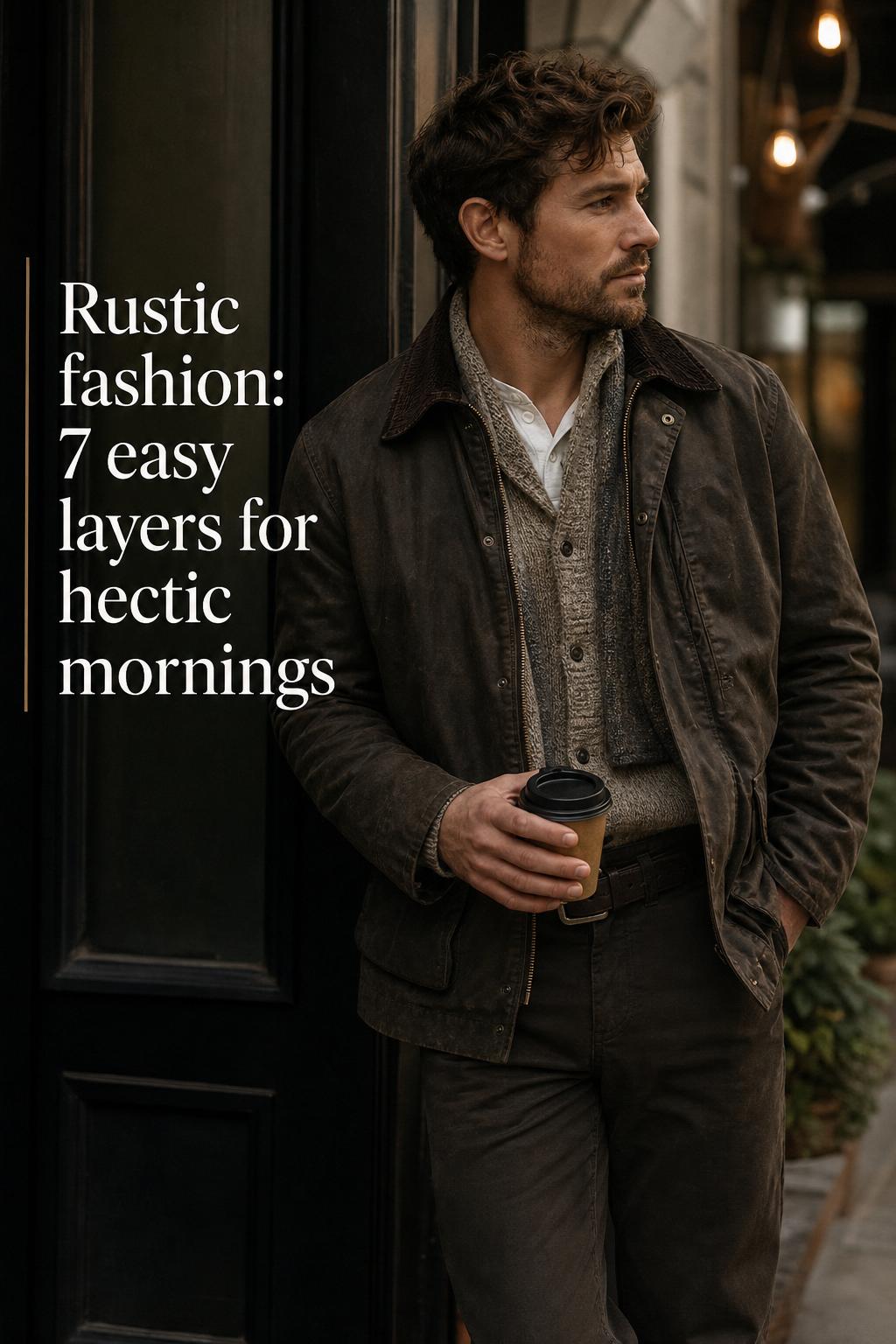 Rustic fashion layered outfit on an adult in a moody street scene with text overlay for hectic mornings