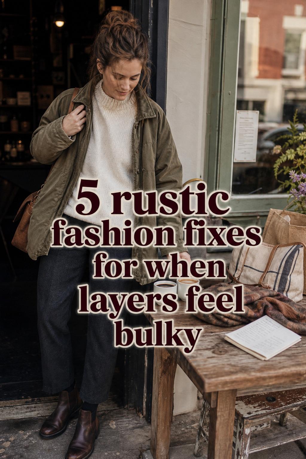 Rustic fashion layered outfit by a cafe window with text overlay: 5 rustic fashion fixes for when layers feel bulky